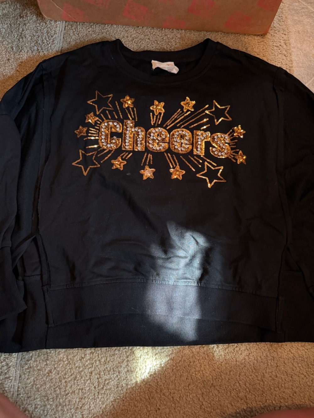 Fantastic Fawn Black Long Sleeve Tee with Gold Sequin "Cheers"